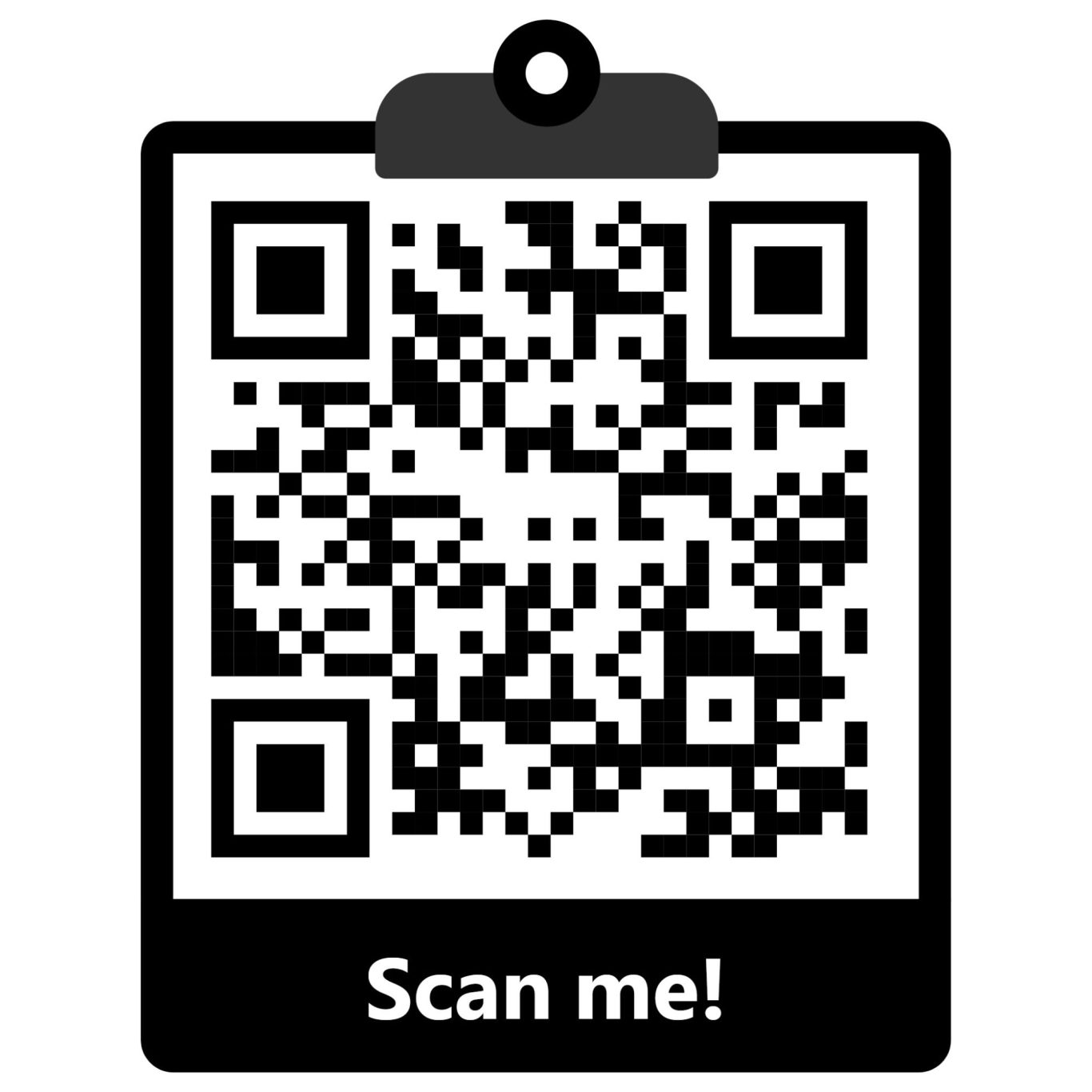 WhatsApp Kontakt Schwarzer QR-Code mit der Aufschrift "Scan me!" auf weißem Hintergrund.